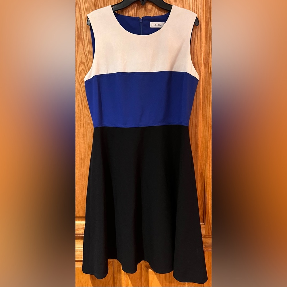 Calvin Klein White, Royal Blue & Black Colorblock Sleeveless A-Line Dress Size 8